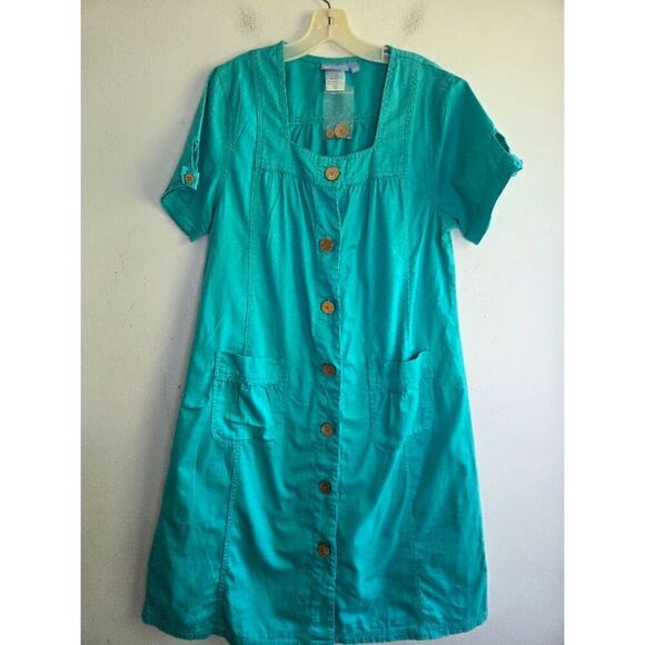 NWOT Koret Women Teal Green 100% Cotton Denim Button Front Midi Dress size Large - Picture 7 of 7